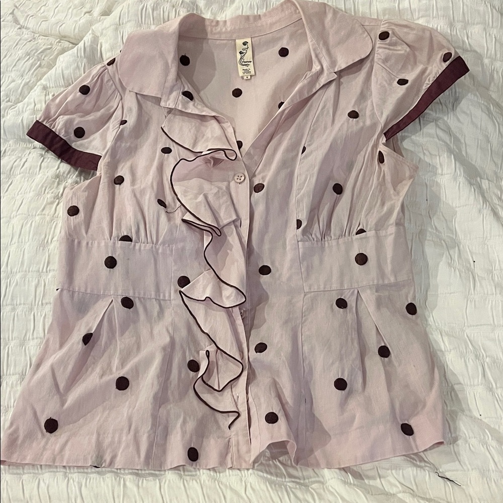Floreat Pink Polka Dot Blouse with Ruffles